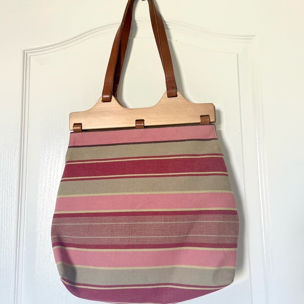 Banana Republic Pink and Tan Canvas Tote Bag with Wood and Leather Trims